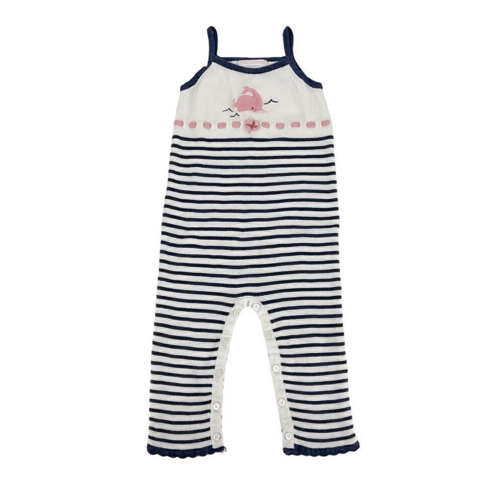 Janie & Jack‎ Blue White Striped Knit One Piece Whale Bow Beach Outfit 12-18 Mo